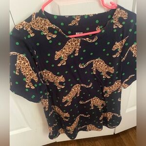 Maeve by Anthropologie Blue Top with Cheetah Novelty Print and Green Dots